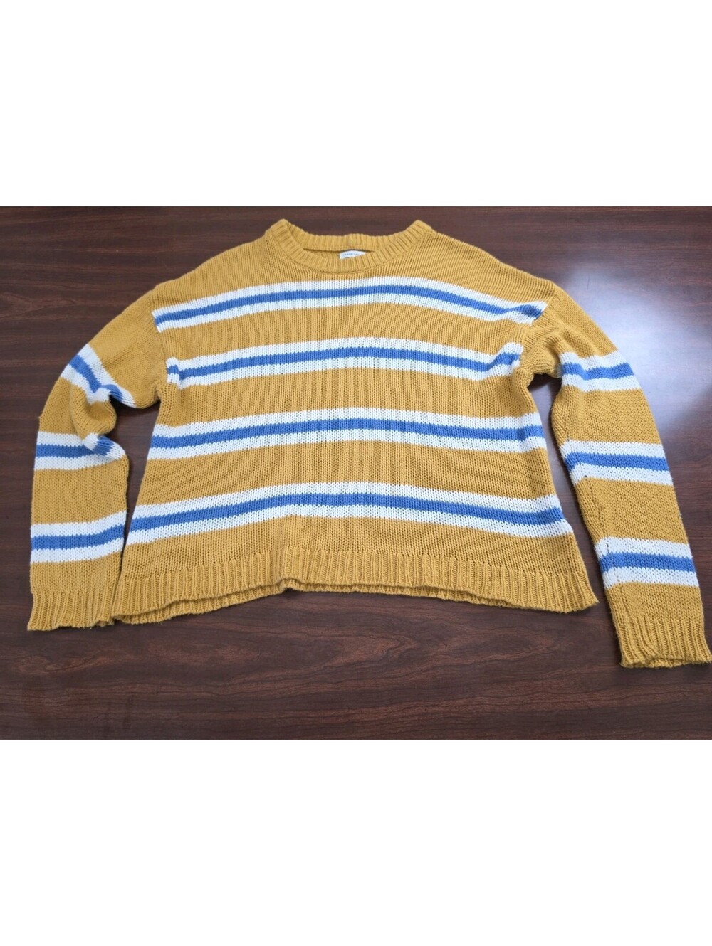 American Eagle Small Mustard Yellow Blue White Striped Crewneck Sweater Preppy
